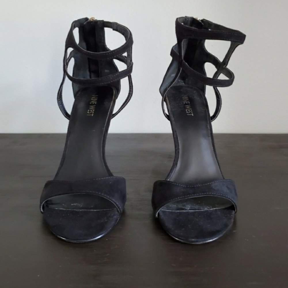 Nine West suede black double ankle strap heels 9